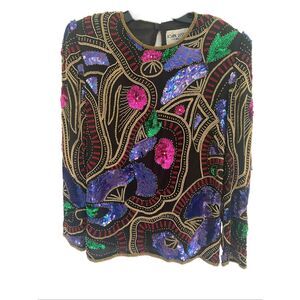 Vintage Joan Leslie Evenings Multicolor Sequin Long Sleeve Silk Top Sz M